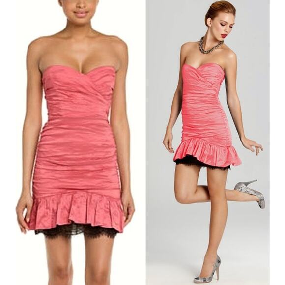 BCBGMAXAZRIA Dress Womens 8 Coral Fleur Strapless Ruched Taffeta Lace Mini Party - Picture 1 of 11